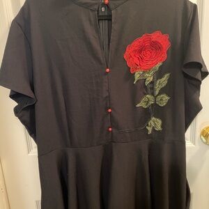 Source Unknown Black Midi Dress with Red Rose Embroidery